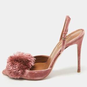 Aquazzura Rose Pink Velvet Powder Puff Pom Pom Slingback Pumps Size 40.5