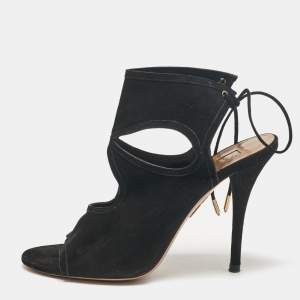 Aquazzura Black Cutout Suede Sexy Thing Peep Toe Sandals Size 37.5