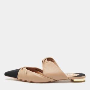 Aquazzura Beige/Black Leather and Fabric Twist Cap Toe Mules Size 35