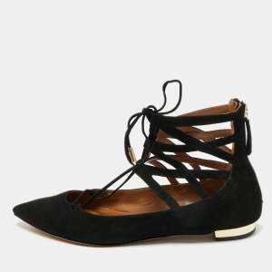 Aquazzura Black Suede Dancer Lace-Up Ballet Flats Size 38
