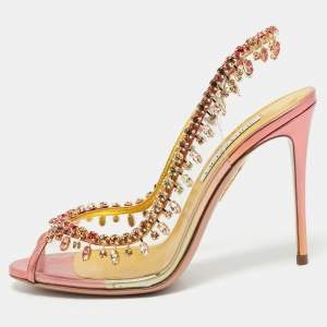 Aquazzura Metallic Orange Leather and PVC Crystal Temptation Slingback Sandals Size 38