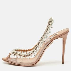 Aquazzura Beige Leather and PVC Temptation Slingback Sandals Size 41