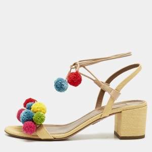 Aquazzura Multicolor Raffia Pom Pom Thong Ankle Tie Sandals Size 37