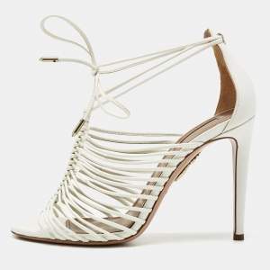 Aquazzura White  Leather Nadja Strappy Ankle Wrap Sandals Size 37.5