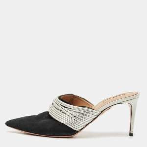 Pre Owned Aquazzura Black/Silver Suede and Leather Rendez  Vous Mules Size 42