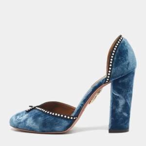 Aquazzura Blue Velvet Embellishment Block Heel D'orsay Pumps Size 37