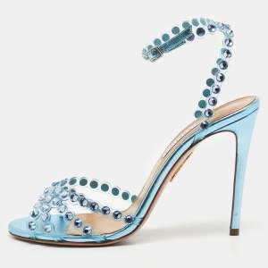 Aquazzura Blue PVC and Leather Crystal Embellished Tequila Sandals Size 38