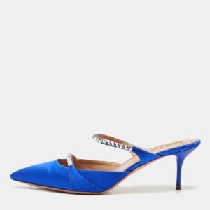 Aquazzura Blue Satin Crystal Embellished Mule Sandals Size 39.5