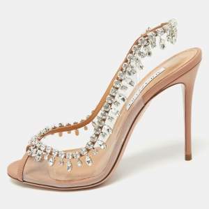 Pre Owned Aquazzura Silver/Transperent Leather and PVC Temptation Peep Toe Pumps Size 39.5