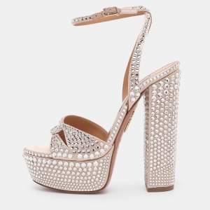 Pre Owned Aquazzura Beige Satin Crystal Embellished Sinner Platform Sandals Size 35