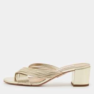 مملوكة مسبقًا Aquazzura Gold Leather Crisscross Slide Sandals Size 38
