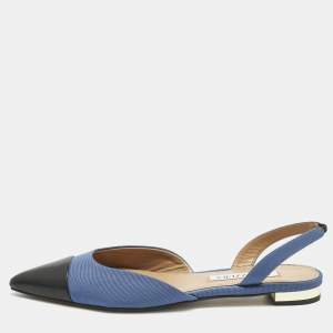 Pre Owned Aquazzura Black/Blue Canvas and Leather Marrakech Slingback Flats Size 37