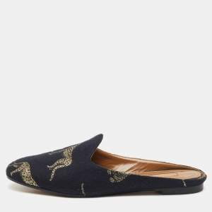 Pre Owned Aquazzura Black Jacquard Panther Embroidered Flat Mules Size 37.5