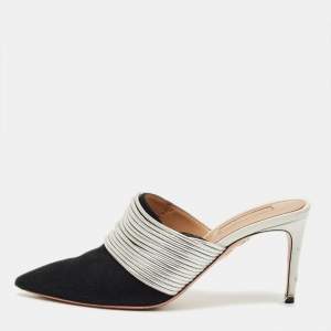 Pre Owned Aquazzura Black/Silver Suede and Leather Rendez Vous Mules Size 36