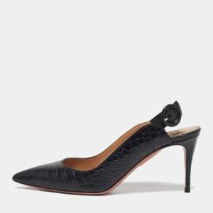 Pre Owned Aquazzura Black Croc Embossed Leather Yale Slingback Pumps Size 36