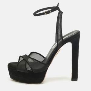 Pre Owned Aquazzura Black Suede and Net Platform Ankle Strap Sandals Size 39