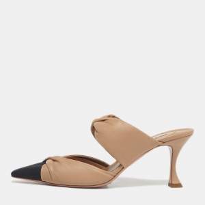 Pre Owned Aquazzura Beige/Black Leather and Canvas Twist Cap Toe Heel Mules Size 41