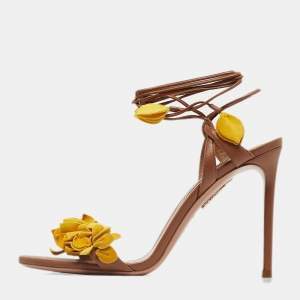 Pre Owned Aquazzura Brown/Yellow Leather Wild Thing Fringe Ankle Wrap Sandals Size 40