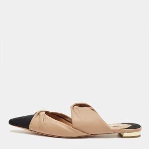 Pre Owned Aquazzura Beige/Black Canvas and Leather Twist Flat Mules Size 39