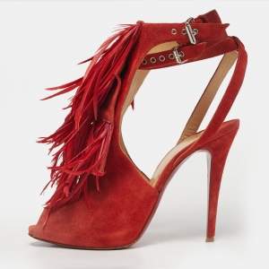 Pre Owned Aquazzura Red Suede Feather Embellished Ankle Strap Pumps Size 40.5