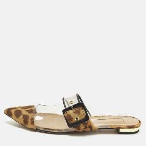 مملوكة مسبقًا Aquazzura Seduction Size 36.5 Brown Leopard Print Calf Hair and PVC Flat Mules