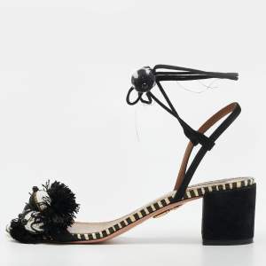 Pre Owned Aquazzura Size 39 Black/White Suede Bead Pom Pom Block Heel Ankle Wrap Sandals