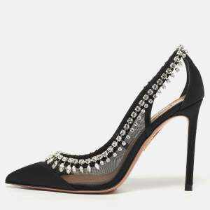 مملوكة مسبقًا حذاء كعب عالي أكوازورا كريستال كراش ساتان وشبك أسود مقاس 37