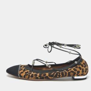 مملوكة مسبقًا Aquazzura Size 37 Brown/Black Leopard Print Suede and Fabric Tie Up Ballet Flats