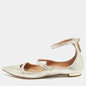 مملوكة مسبقًا Aquazzura Sunny Star Size 37.5 Silver Metallic Leather Ankle Strap Ballet Flats