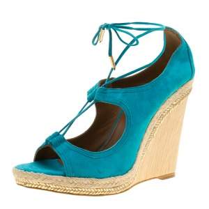 Pre Owned Aquazzura Turquoise Blue Suede Christie Wedge Espadrille Lace Up Open Toe Sandals Size 41