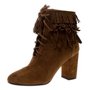 Pre Owned Aquazzura Cognac Brown Suede Woodstock Fringe Detail Ankle Boots Size 37