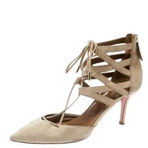 Pre Owned Aquazzura Beige Suede Belgravia Lace Up Pointed Toe Pumps 41