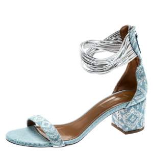 Pre Owned Aquazzura Light Blue Embroidery Demin Spin Me Around Strappy Sandals Size 39