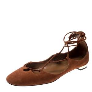 Pre Owned Aquazzura Brown Suede Dancer Lace Up Ballet Flats Size 38.5