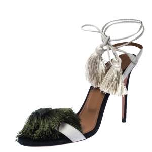 Pre Owned Aquazzura White Suede Johanna Ortiz Tassel Ankle Wrap Sandals Size 36.5