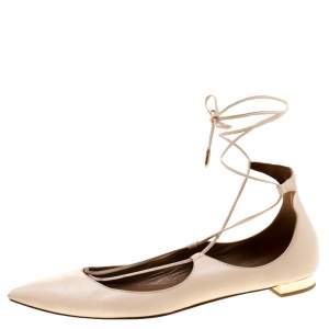 Aquazzura Beige Leather Christie Ankle Wrap Pointed Toe Flats Size 37