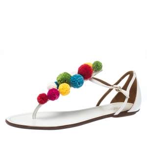 Pre Owned Aquazzura White Leather Pom Pom Flat Sandals Size 38