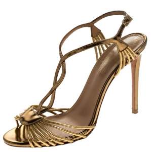Pre Owned Aquazzura Metallic Gold Leather Josephine Ankle Strap Sandals Size 38