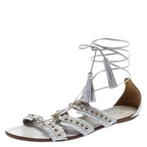 Pre Owned Aquazzura White Studded Leather Tulum Tassel Tie Up Flat Sandals Size 39