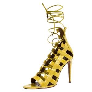 Pre Owned Aquazzura Yellow Python Leather Amazon Lace Up Open Toe Sandals Size 38