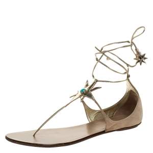 Pre Owned Aquazzura Beige Suede And Metallic Gold Leather Poppy Delevingne Midnight Thong Flats Size 39.5