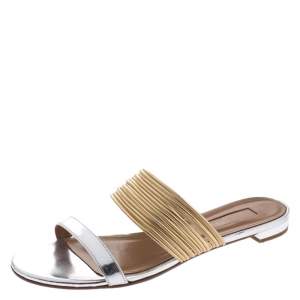 Pre Owned Aquazzura Metallic Gold/Silver Leather Rendez Vous Flat Slides Size 38.5