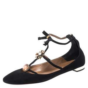 Pre Owned Aquazzura Black Suede Pandora Embellished Ballet Flats Size 40