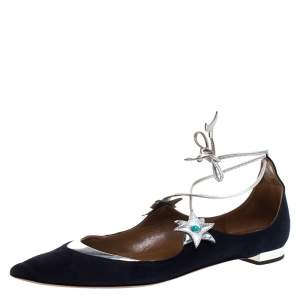 Pre Owned Aquazzura Blue/Silver Suede And Leather Poppy Delevingne Pointed Toe Ankle Wrap Flats Size 38