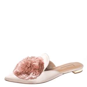 Pre Owned Aquazzura Beige Satin Powder Puff Pom Pom Mules Size 37