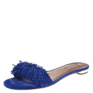 Pre Owned Aquazzura Blue Suede Wild Thing Fringe Trimmed Flat Slides Size 36