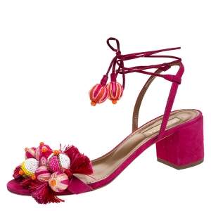 Pre Owned  Aquazzura Paradise Pink Suede Tropicana Tasseled Beaded Ankle Tie Sandals Size 39