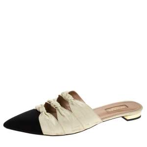 Pre Owned Aquazzura Cream/Black Canvas And Grosgrain Mondaine Flat Mules Size 39