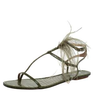 Pre Owned Aquazzura Green Croc Embossed Leather Feather Ponza Ankle Strap Flat Sandals Size 41