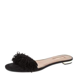 Pre Owned Aquazzura Black Suede Leather Wild Thing Fringe Flat Slide Size 37